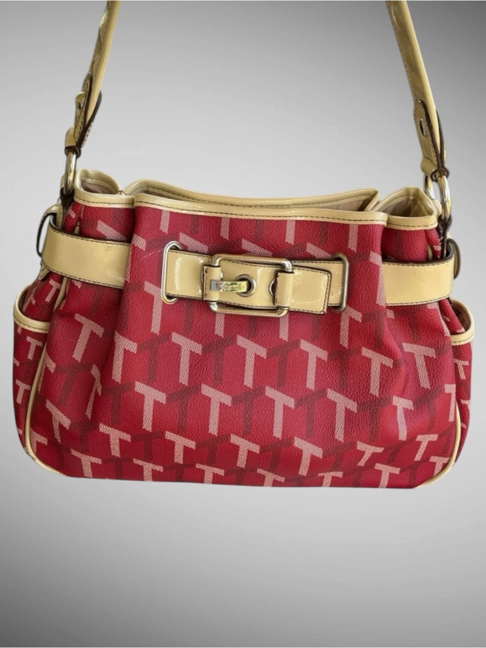 Tignanello Vintage Y2K Red T Monogram Shoulder Bag Satchel Purse